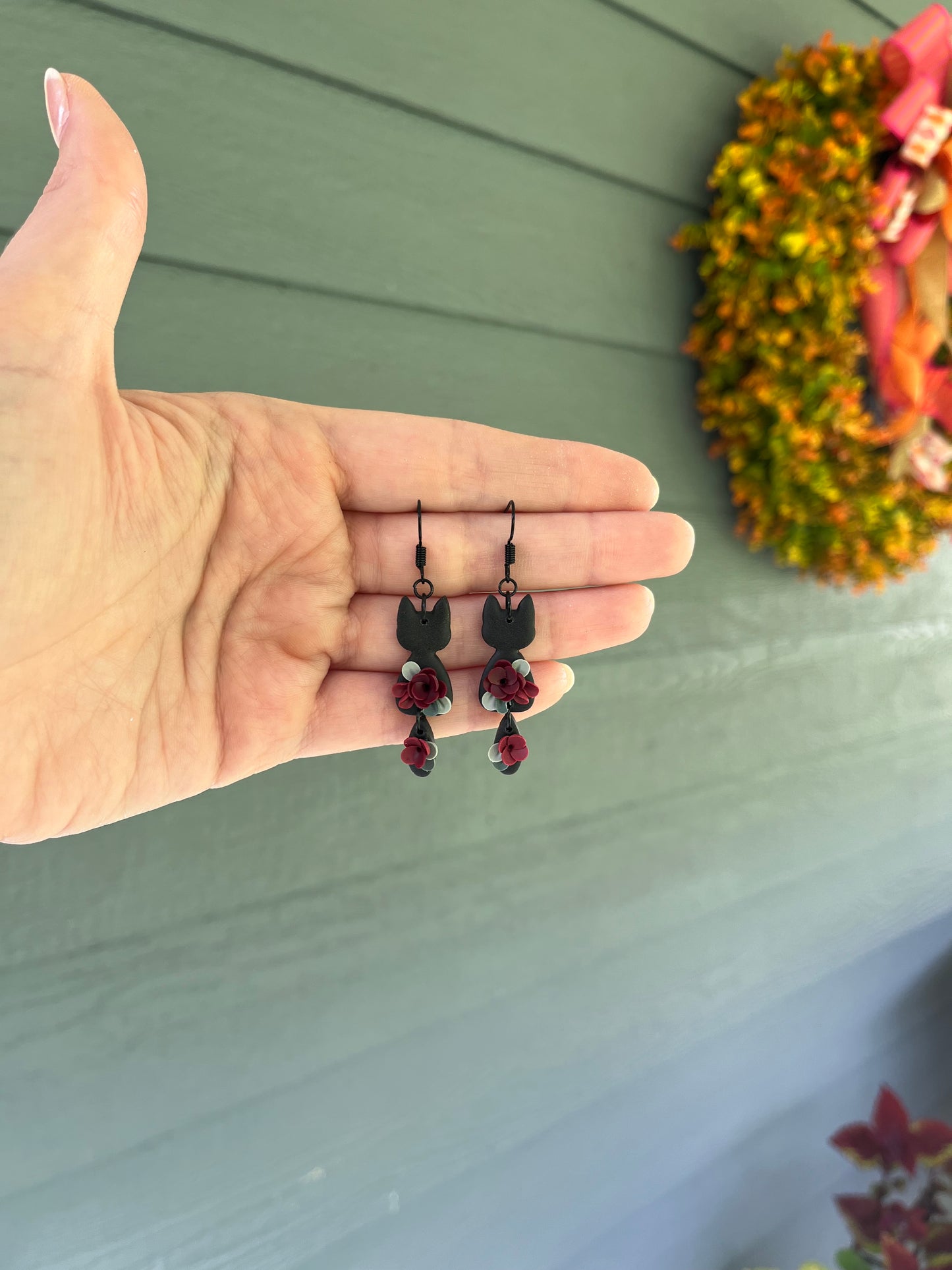 Floral Black Cat Dangles