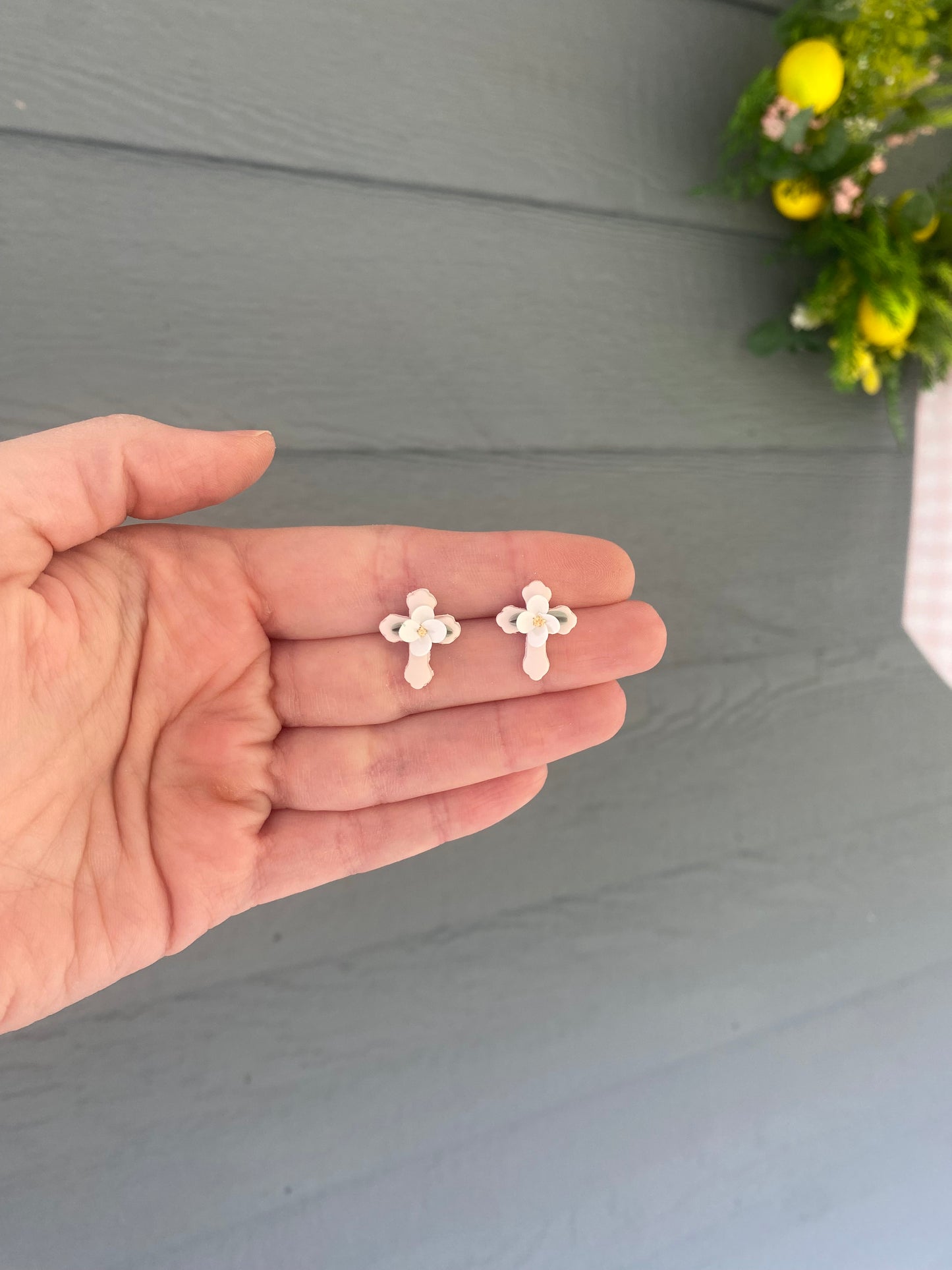Light Pink Floral Cross Studs
