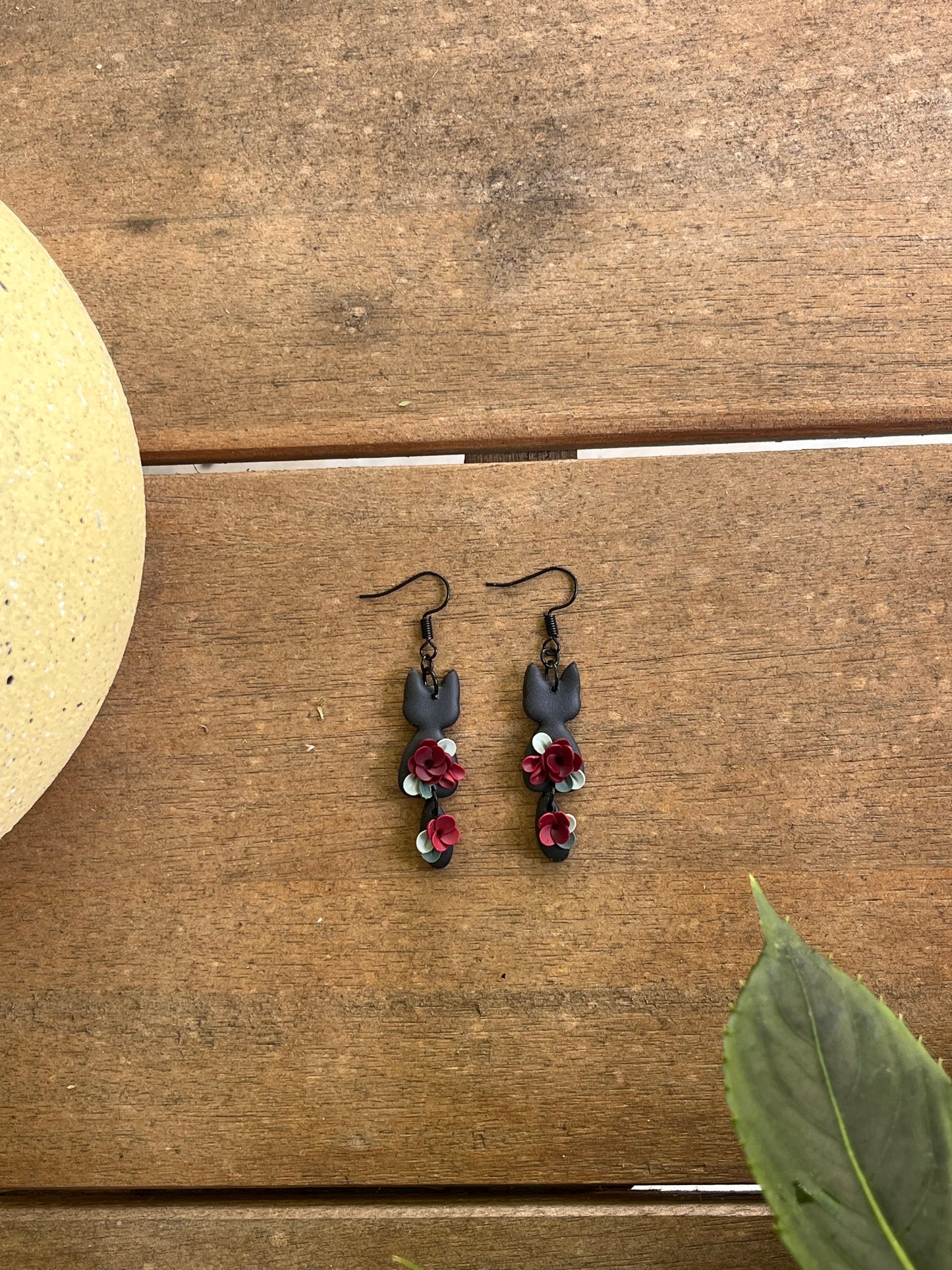 Floral Black Cat Dangles